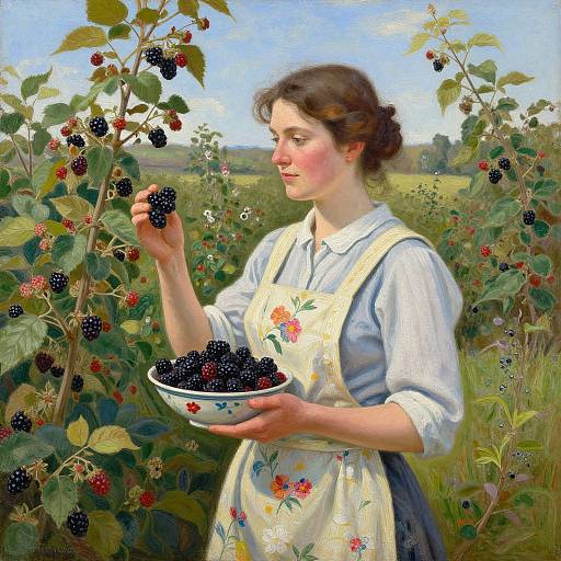 Realistic oil painting of a fair-skinned woman with brown hair in a floral apron, holding a bowl of blackberries amidst a lush berry field