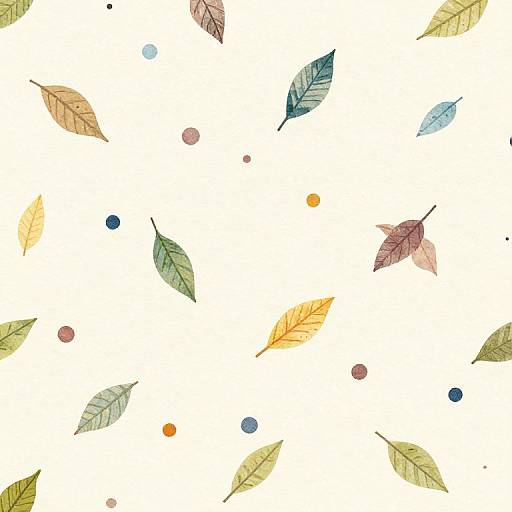 Watercolor-style pattern of scattered leaves in green, yellow, orange, and blue, with small colored dots on a white background.