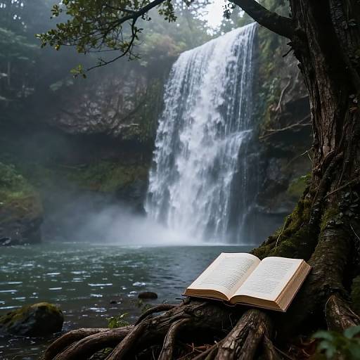 Photograph of an open book resting on a tree root near a misty waterfall, surrounded by lush greenery and foliage.