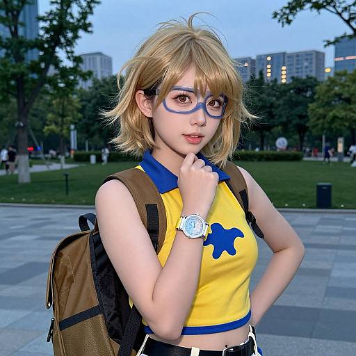Photograph of a young woman with short blonde hair, blue-framed glasses, yellow-blue top, brown backpack, and white watch, posing in a