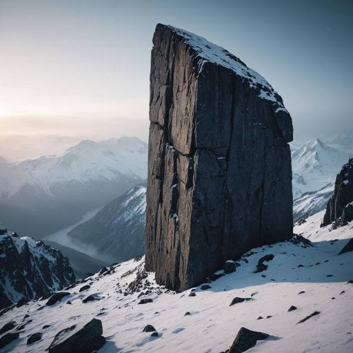 Snow-Capped Ancient Stone Monolith on Mountain Peak