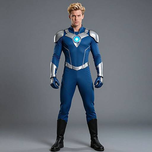 Photograph of a muscular, blonde, Caucasian man in a blue, high-tech superhero suit with silver accents and a glowing blue emblem, standing against a
