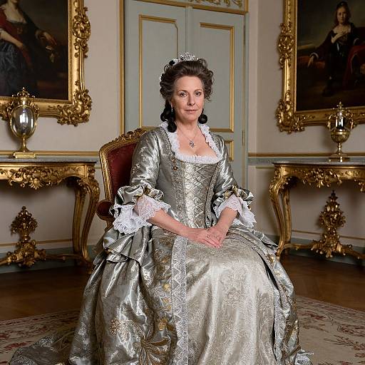 Photograph of a middle-aged woman in an elaborate, silver satin 18th-century gown with lace trim, seated in an ornate, gold-ac