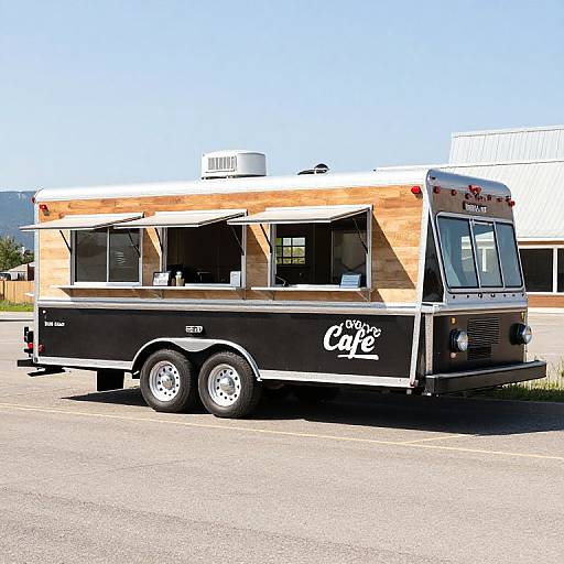 Photograph of a black and wooden food truck with 