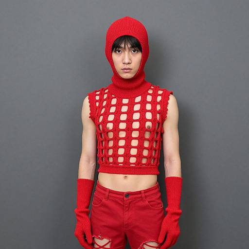 Photograph of an Asian person in red, sleeveless, lattice crop top, red hat, red gloves, and red ripped pants against a gray background
