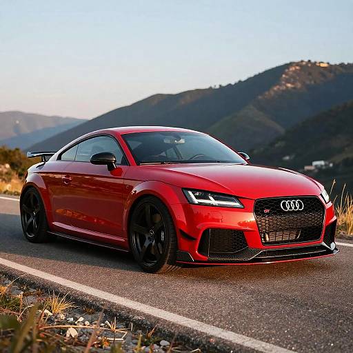 Photograph of a sleek, bright red Audi sports car with black rims, driving on a mountain road with clear skies.