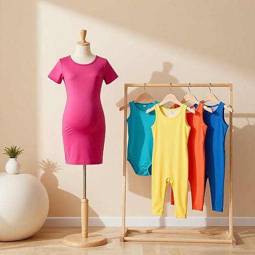 Photograph of a bright pink dress on a mannequin, next to a wooden rack with four colorful outfits (blue, yellow, orange, blue
