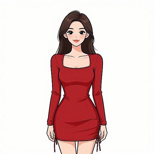 Digital anime-style drawing of a smiling woman with long black hair, wearing a form-fitting red dress, standing against a white background.
