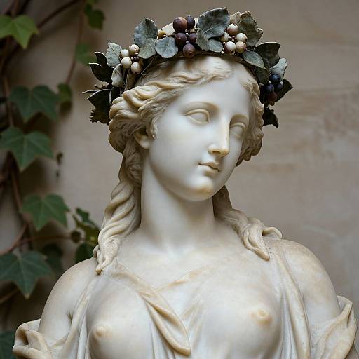 Photograph of a classical white marble statue of a serene woman with wavy hair, wearing a leafy and berry-adorned crown, and draped