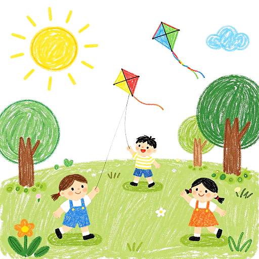 Colorful children's drawing: three kids fly kites in a sunny, grassy field with trees, a bright sun, and colorful kites.