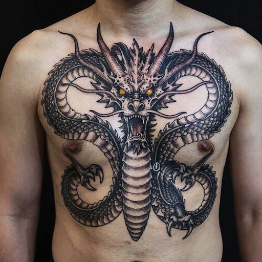 Fierce Black Grey Dragon Sternum Tattoo
