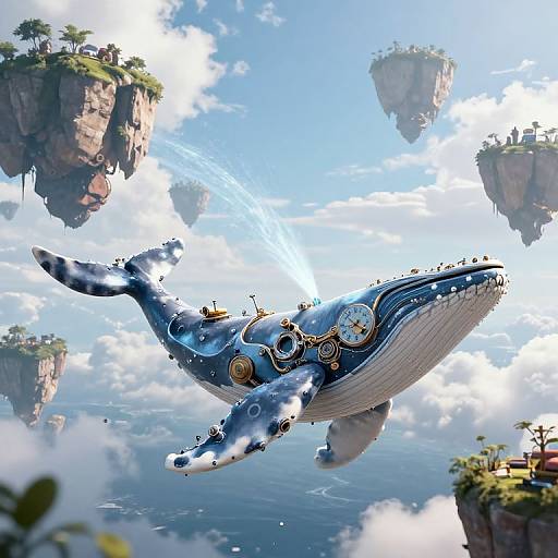 Fantasy CGI image: A steampunk blue whale with gears, clock, and tiny houses flying through a bright, cloudy sky with floating islands.