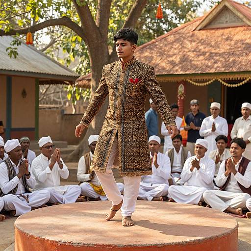 Photograph of a young Indian man in a leopard-print kurta performing on a circular stage, surrounded by seated men in white attire, under a tree