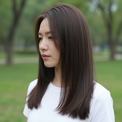 Photograph of an East Asian woman with long, straight black hair, wearing a white shirt, looking to the left in a green park. Blurred