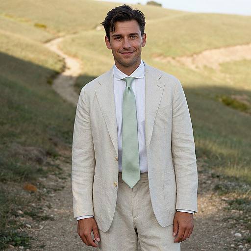 Photograph of a smiling, dark-haired man in a white suit with a light green tie, standing on a grassy, sunlit path.