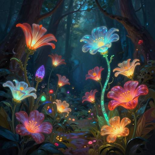Digital fantasy artwork of a mystical forest with glowing, neon-colored flowers and bioluminescent butterflies in a dark, enchanted forest.