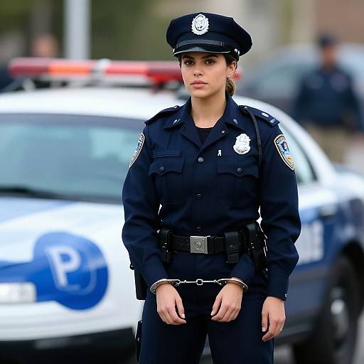 Photograph of serious young female police officer in dark uniform with badge, handcuffs, and hat, standing in front of a white police car with red