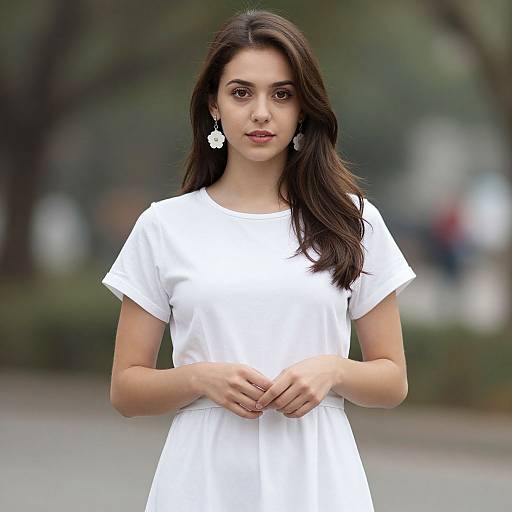 Photograph of a young woman with long dark hair, wearing a white short-sleeved dress, white earrings, and standing outdoors with a blurred green