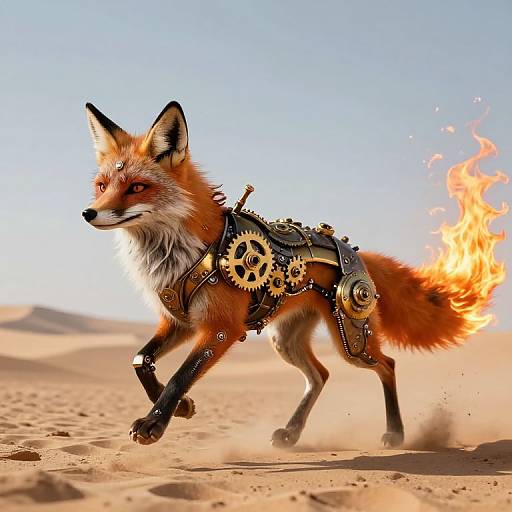 Digital art of a red fox with gears and flames, running through a desert; its tail ablaze, gears on its harness, bright blue sky background