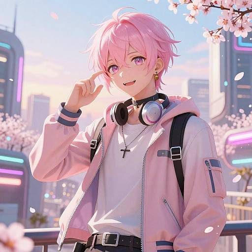 Anime-style digital illustration of a pink-haired, purple-eyed person in a pink jacket, white shirt, and headphones, standing in a sunny, cherry blossom