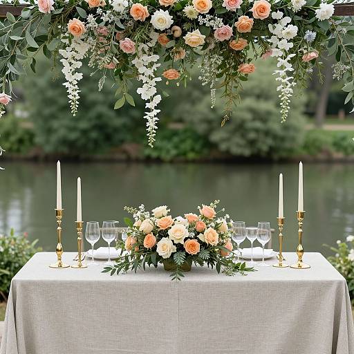 Elegant outdoor table setting with white cloth, gold candleholders, crystal glasses, and floral arrangements above a serene lake backdrop.