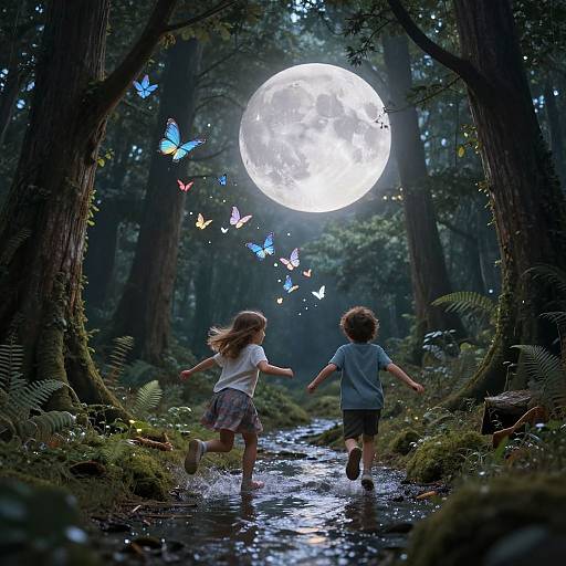 Photograph of two children running through a moonlit forest, surrounded by glowing butterflies, on a mossy stream path.