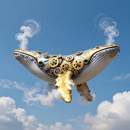 Digital illustration of a steampunk-style humpback whale with intricate gears and pipes, flying through a bright blue sky with white clouds.