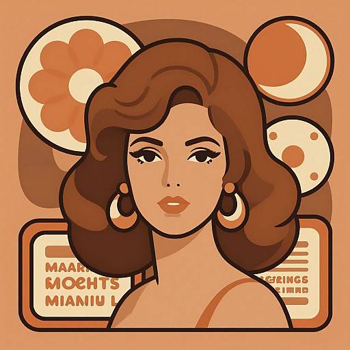 Digital illustration of a 1960s-style woman with brown wavy hair, large hoop earrings, and orange floral background. Text reads 