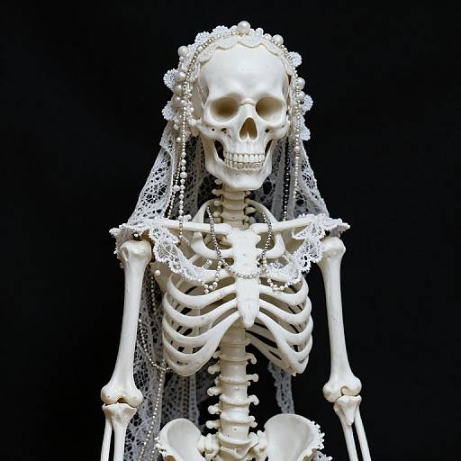 Photograph of a white skeletal figure adorned with lace veil and headpiece, set against a solid black background.