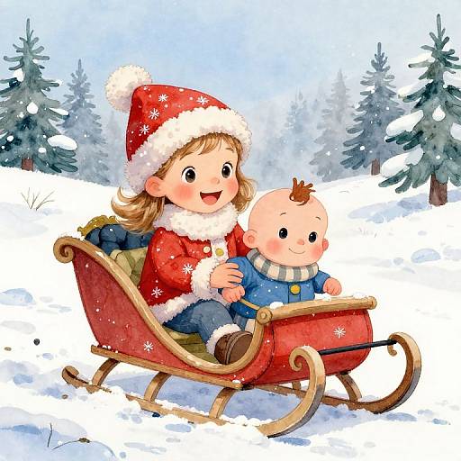 Colorful digital illustration of a smiling girl in a red Santa hat and coat, and a bald baby in a blue sweater, sledding through a