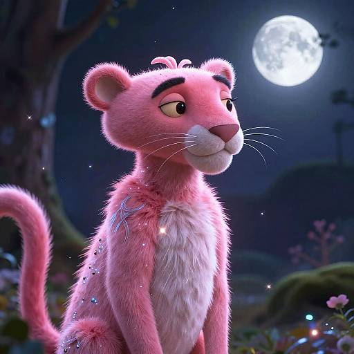 CGI cartoon pink feline with fluffy fur, sparkling body, and a thoughtful expression, gazes at a bright full moon in a magical forest at