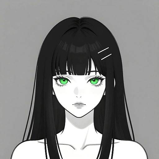 Digital anime-style portrait of a white-skinned girl with long black hair, bright green eyes, and a neutral expression, set against a gray background.