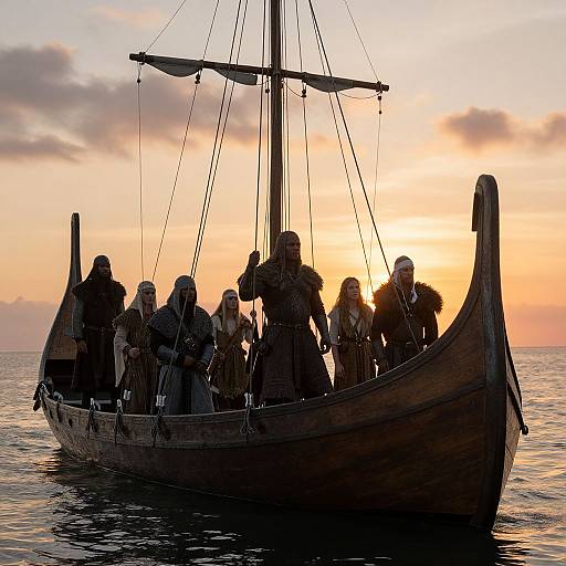 Photograph of Viking-style wooden boat at sunset, silhouetting nine armored, helmeted figures with fur and leather, against orange sky.