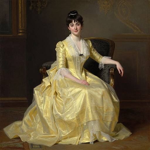 Photorealistic painting of a Victorian woman in a yellow satin gown with white lace trim, seated on an ornate chair, dark background.