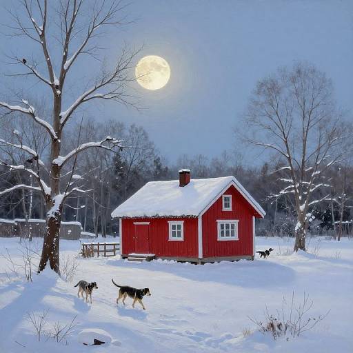 Realistic Winter Landscape with Red Cabin