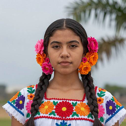Young Woman in Traditional Mexican Dress with Braided Hair and Floral Accessories