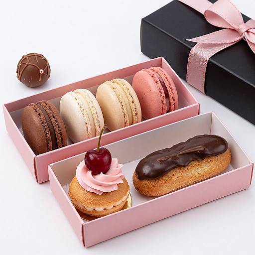 Photograph of pink box with macarons (white, pink, chocolate) and a chocolate-glazed donut with pink frosting and cherry, beside
