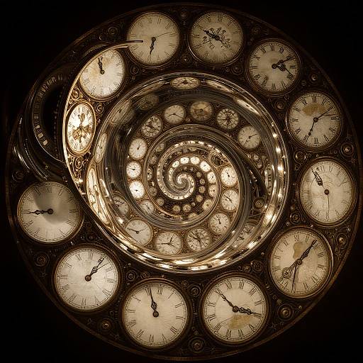 Photograph of a spiral arrangement of vintage clocks with glowing, aged faces, creating a hypnotic, circular pattern against a dark background.