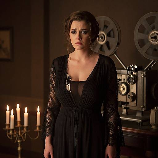 Photograph of a serious-looking woman in a black lace dress, standing in a dimly lit room with candles, film reels, and an old camera