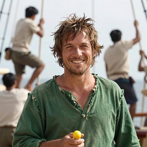 Smiling Man in Tattered Tunic at Sea