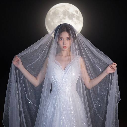 Photograph of a pale-skinned, slender woman with long dark hair, wearing a sparkling white dress and veil, standing against a bright full moon in