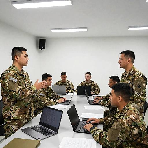Military Team Briefing with Laptops