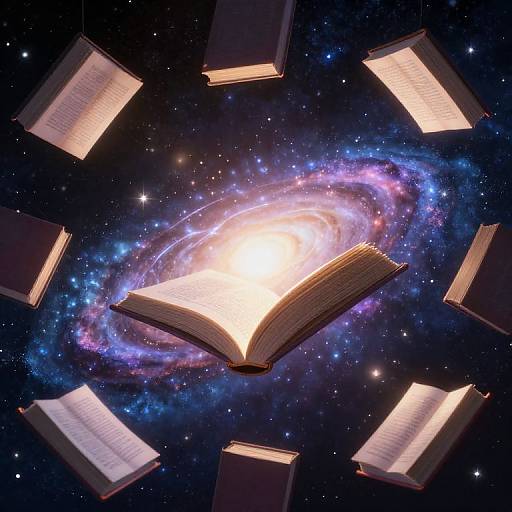 Digital artwork: Open books floating in space, centered on a glowing, colorful spiral galaxy with stars, resembling cosmic knowledge.