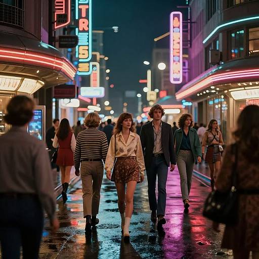 Photograph of a neon-lit, rainy city street at night, featuring a couple in casual clothes walking hand-in-hand, surrounded by vibrant, glowing