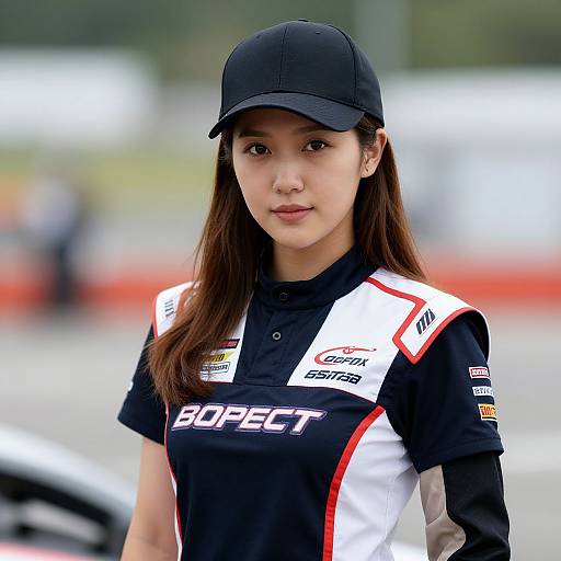 Photograph of an Asian woman with long brown hair, wearing a black cap and black/white/red racing shirt with sponsor logos, standing outdoors in a