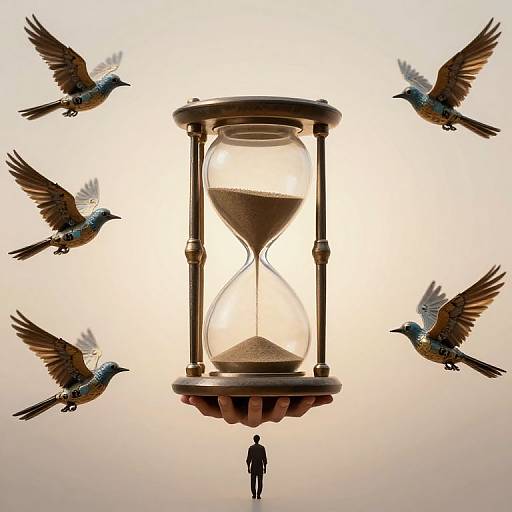 Photograph of a giant hourglass with sand flowing, surrounded by four flying blue and brown birds, and a small silhouetted figure below.