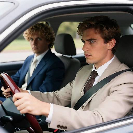 Men in Car: Stylish Drive Snapshot