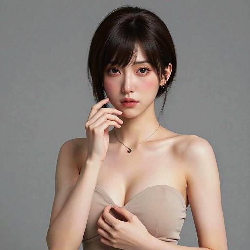 Digital CGI portrait of an Asian woman with fair skin, black hair, and brown eyes, wearing a strapless beige top, lightly touching her chin.