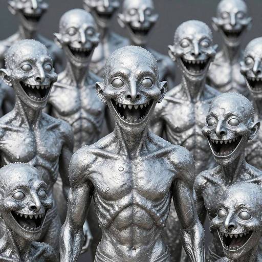 Surreal Silver Humanoid with Grinning Faces