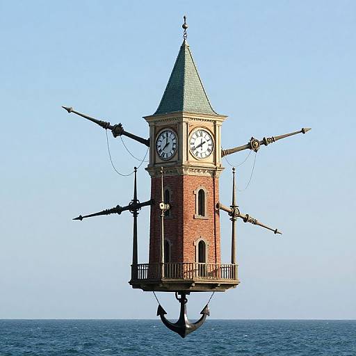 Surreal Floating Clock Tower Above Ocean